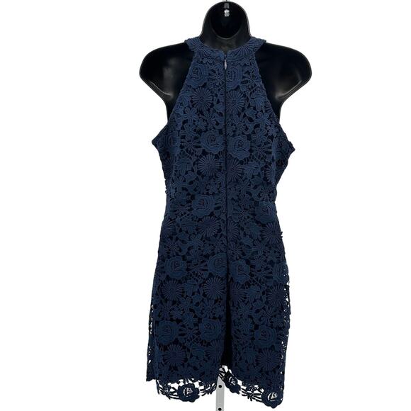 Lulus Love Poem Lace Mini Dress M Navy Blue Sheath Halter Fully Lined Back Zip - Picture 7 of 10